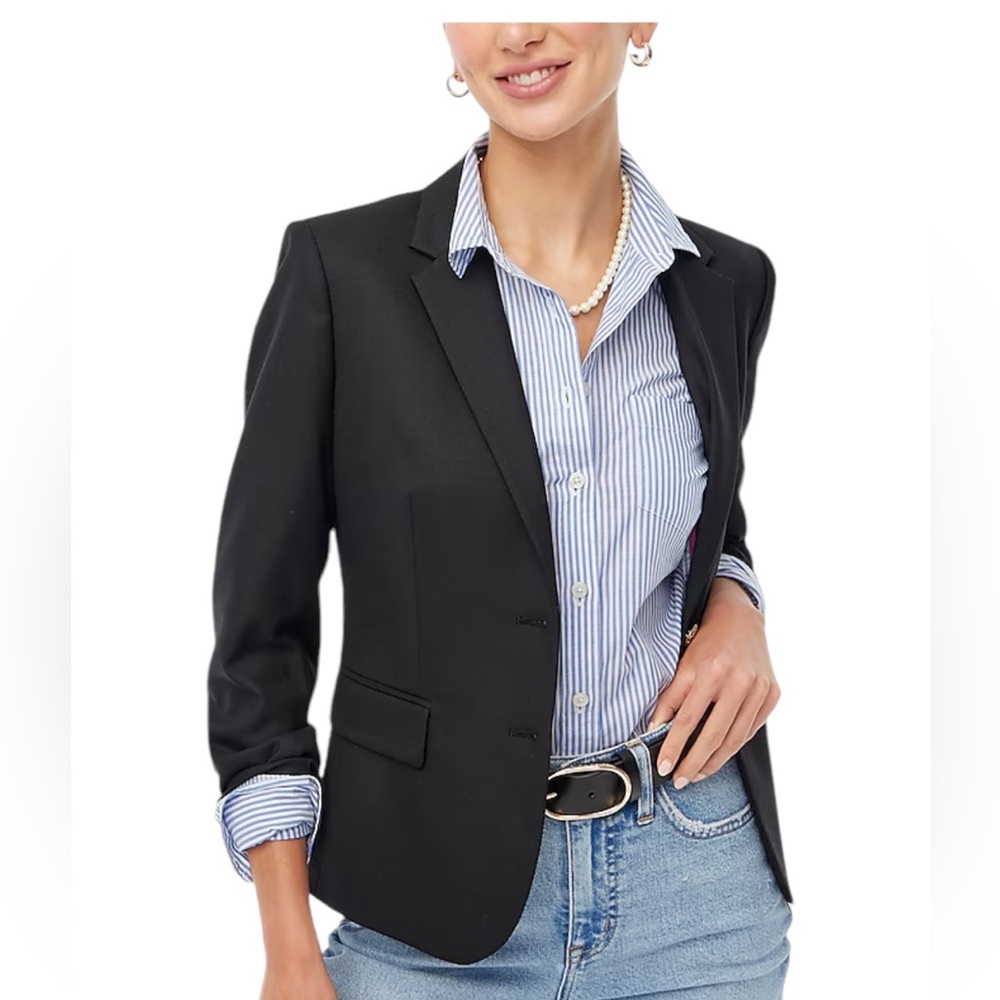 J. Crew Schoolboy Wool Blazer Navy Blue 2 Button Gold Crest Flap Pocket Women 12